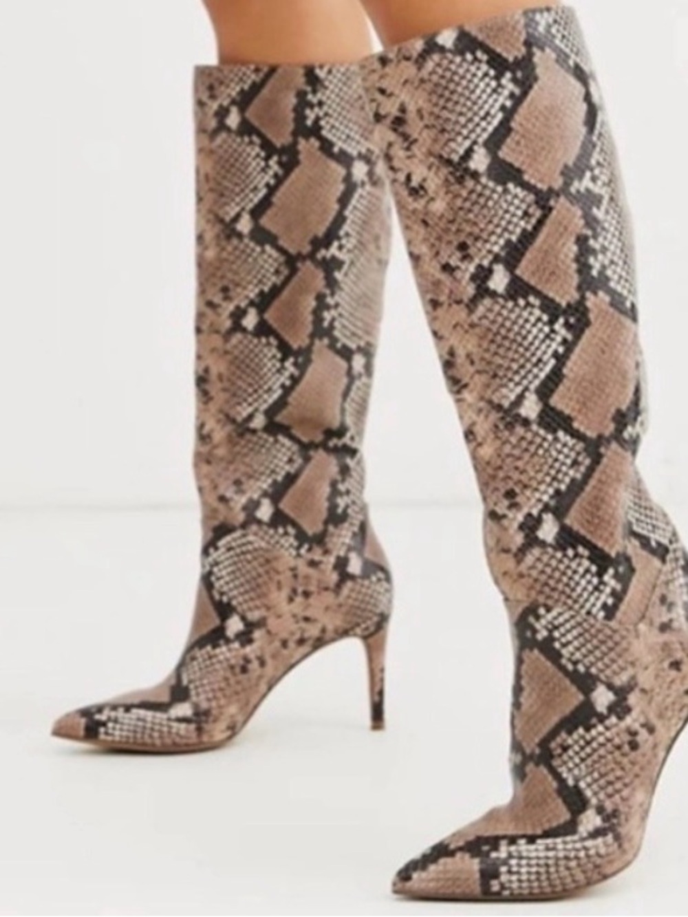Steve Madden Beige and Black Snake-Print Knee-High Stiletto Boots